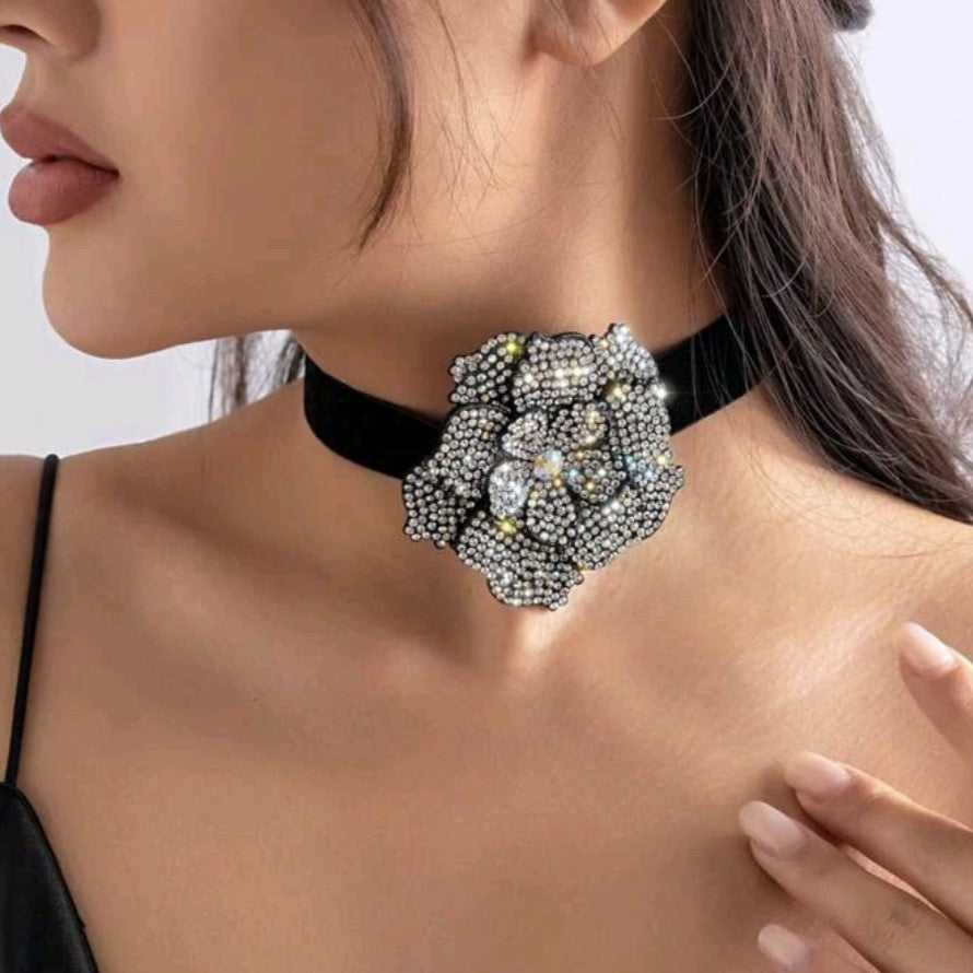 Crystal Rose Black Velvet Choker