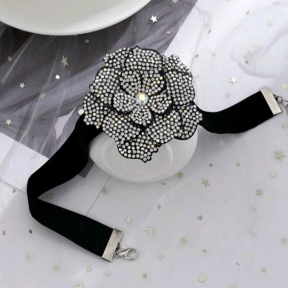 Crystal Rose Black Velvet Choker