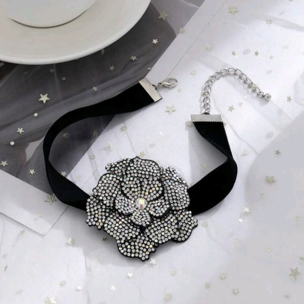 Crystal Rose Black Velvet Choker