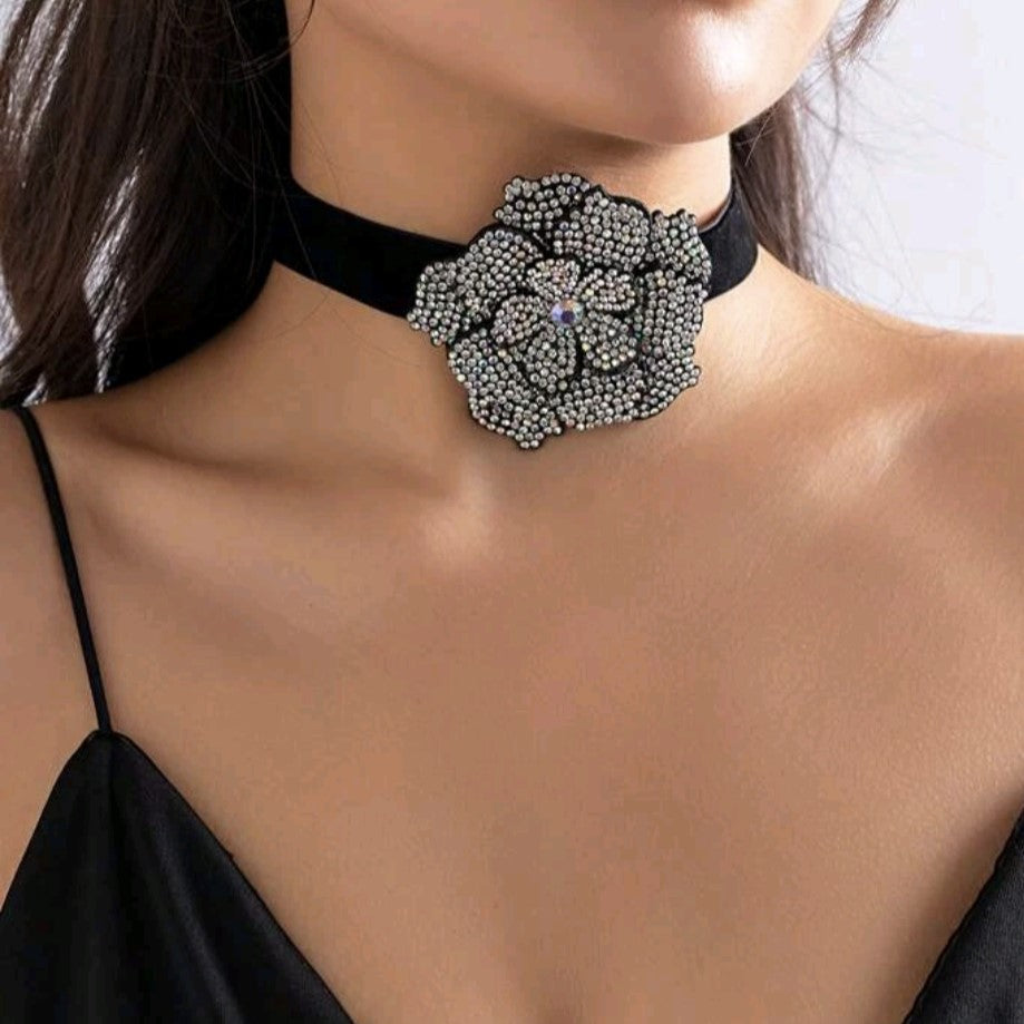 Crystal Rose Black Velvet Choker