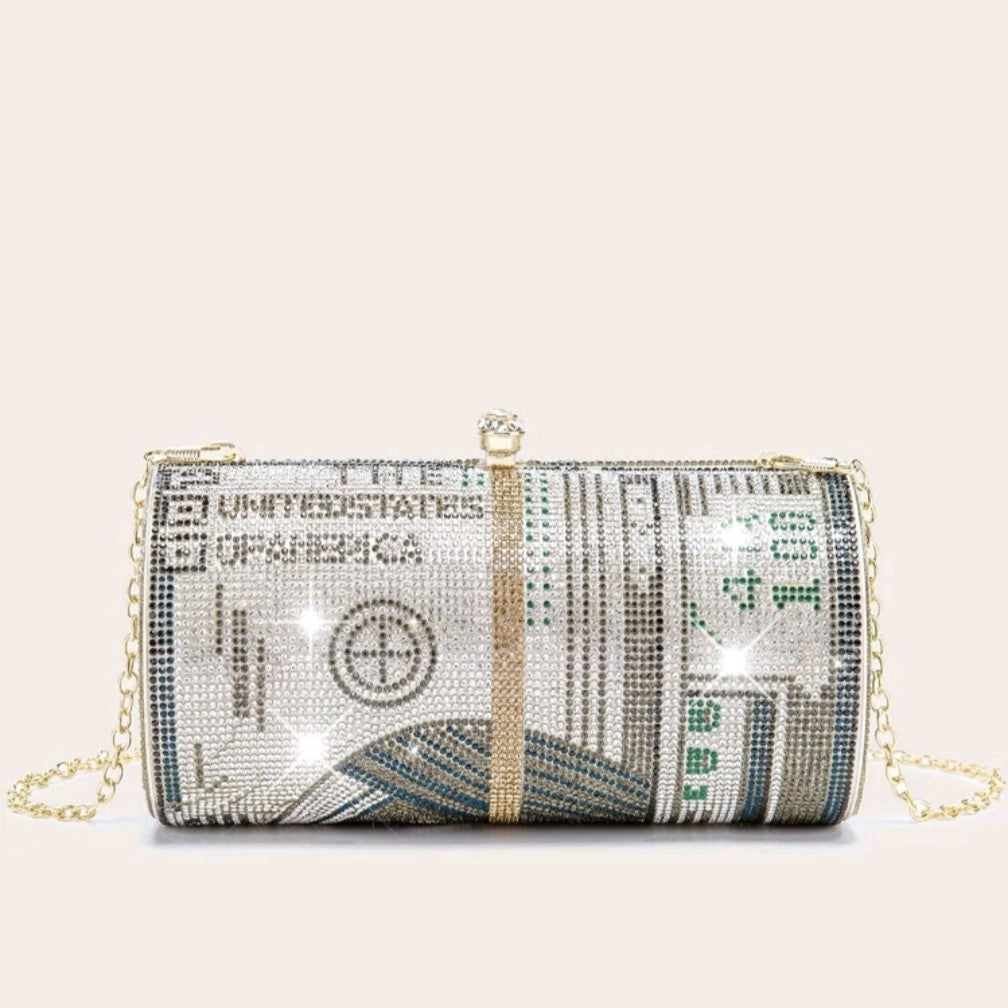Dollar Bill Cylinder Rhinestones Evening Clutch