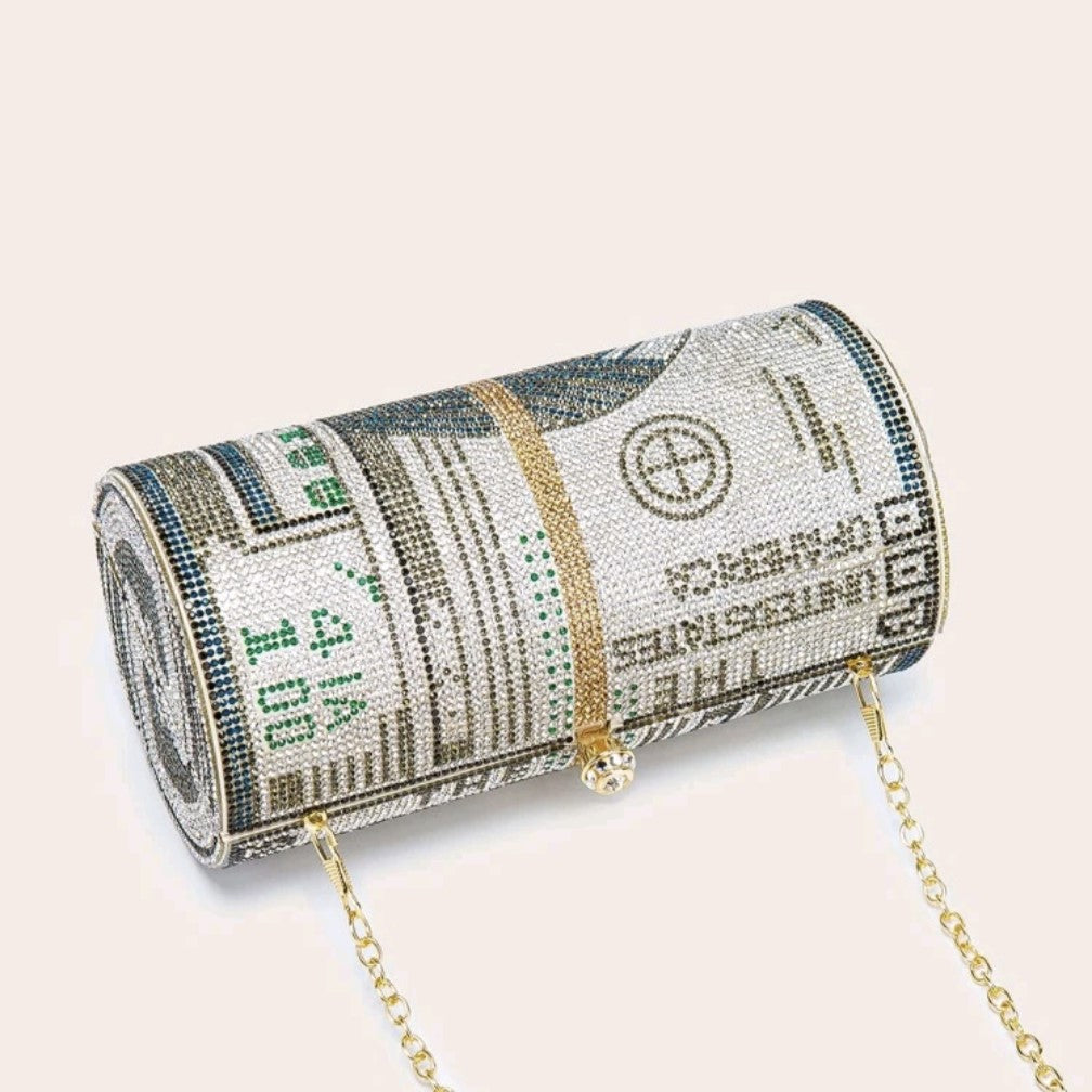 Dollar Bill Cylinder Rhinestones Evening Clutch