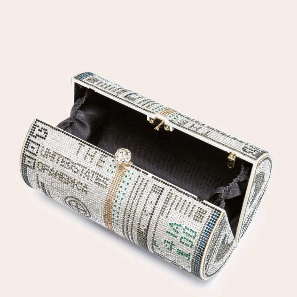 Dollar Bill Cylinder Rhinestones Evening Clutch