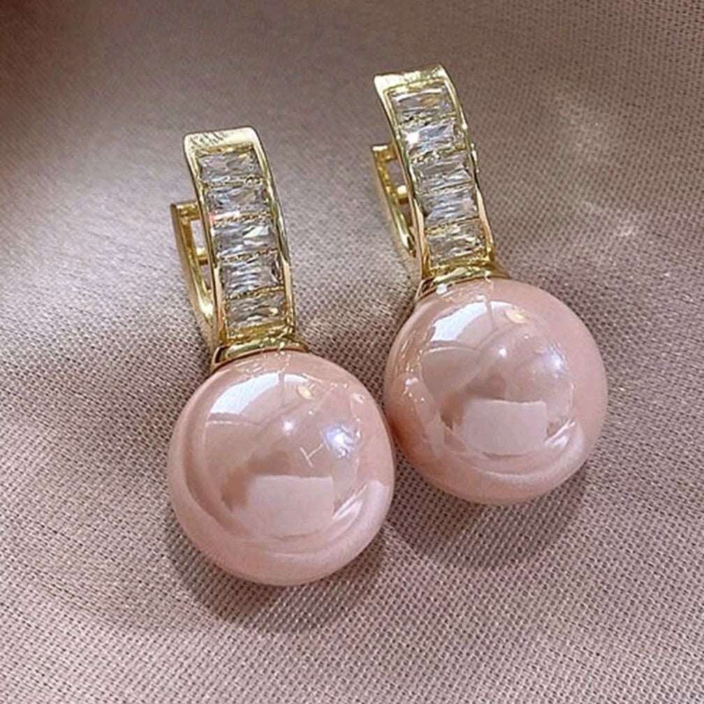 Pink Bead Rhinestones Hoop Earrings