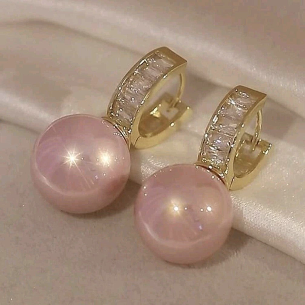 Pink Bead Rhinestones Hoop Earrings