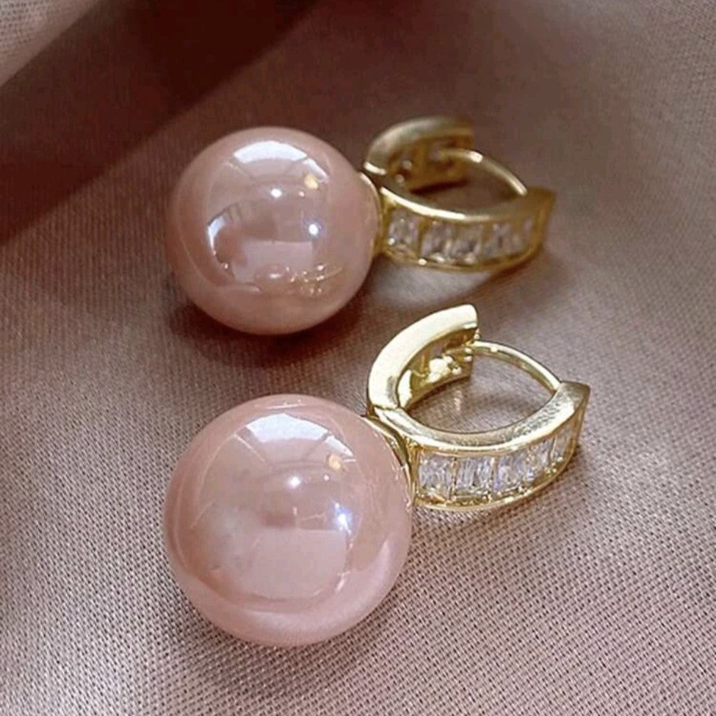 Pink Bead Rhinestones Hoop Earrings