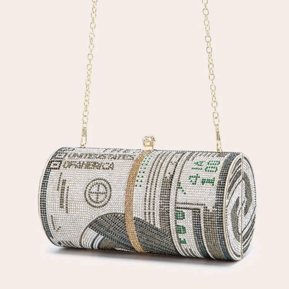 Dollar Bill Cylinder Rhinestones Evening Clutch